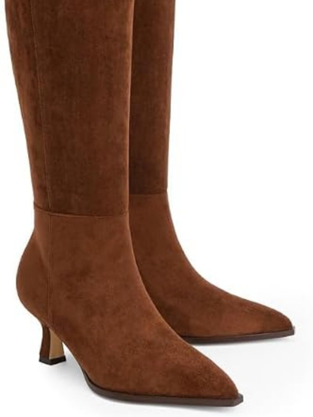Women's Brown Suede Knee High Boots Kitten Heels Pointed Toe Tall Boots Low Heel